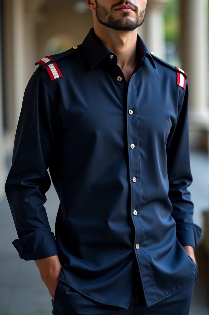 I need a navy blue cadet collar shirt with white and red sleeve seams.