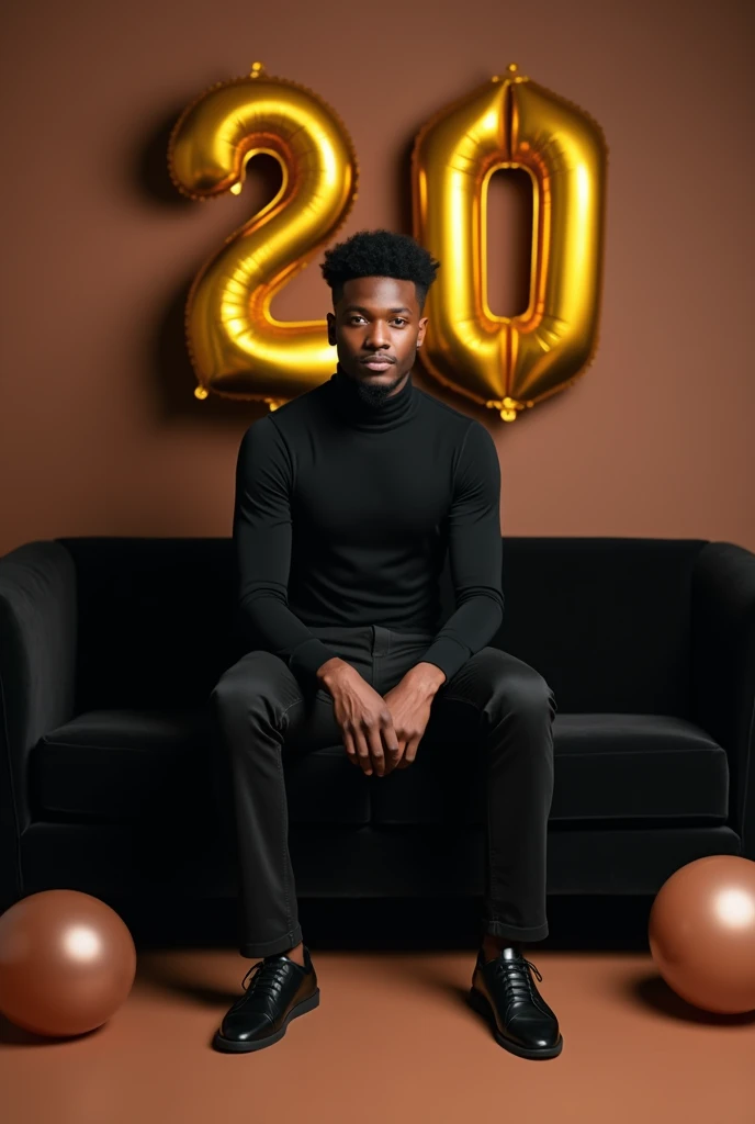 best qualityer:1.4), (ultra high resolution:1.2), (photorrealistic:1.4), (8k, CRU photo:1.2), ung man, 20 years old, thin, has thin arms, skin black, with a smooth, beardless face, with the short haircut, black long sleeve turtleneck shirt. black dress pants. black sneakers. He is sitting on a black sofa. is in a photography studio with a brown background. On the wall there are golden balloons in the shape of the number 20. The hair on top is well cut. There is no muscle in the arms. Brown baby balloons are scattered on the floor.