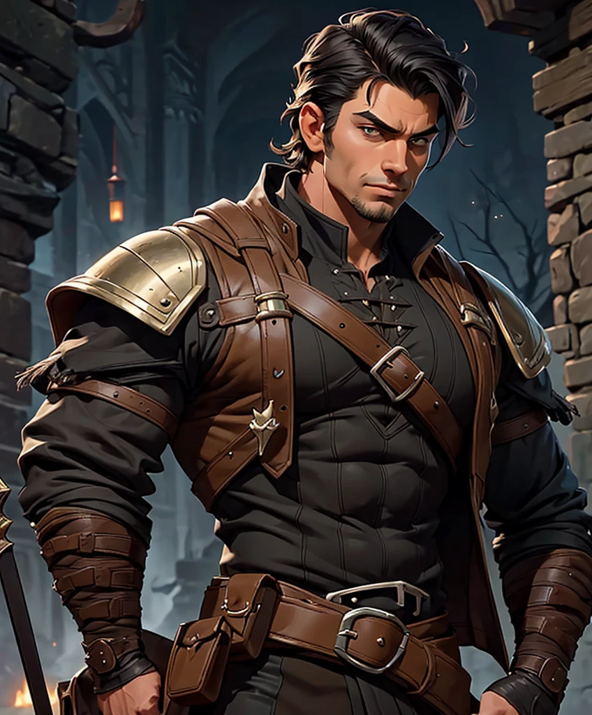 (((Solo focus.))) (((Single character image.))) Attractive male fantasy adventurer with big muscles, physically ideal physique.  Sexy pose. Muscle focus. Handsome face.  Short black hair that gives him an attractive look. Stylish medieval fantasy attire.  Dark background.  Eerie background.  His attire is intricate and detailed.  Smug facial expression.  Erotic stare.  Erotic pose. Luxurious black hair that makes him look sexy.  Attractive features.  Rugged features.   Attractive hairstyle.  Handsome face.  Attractive features.   Great muscles.  Great physical structure.  Dashing.  Handsome.  Smug.  Handsome features.  Swashbuckler.