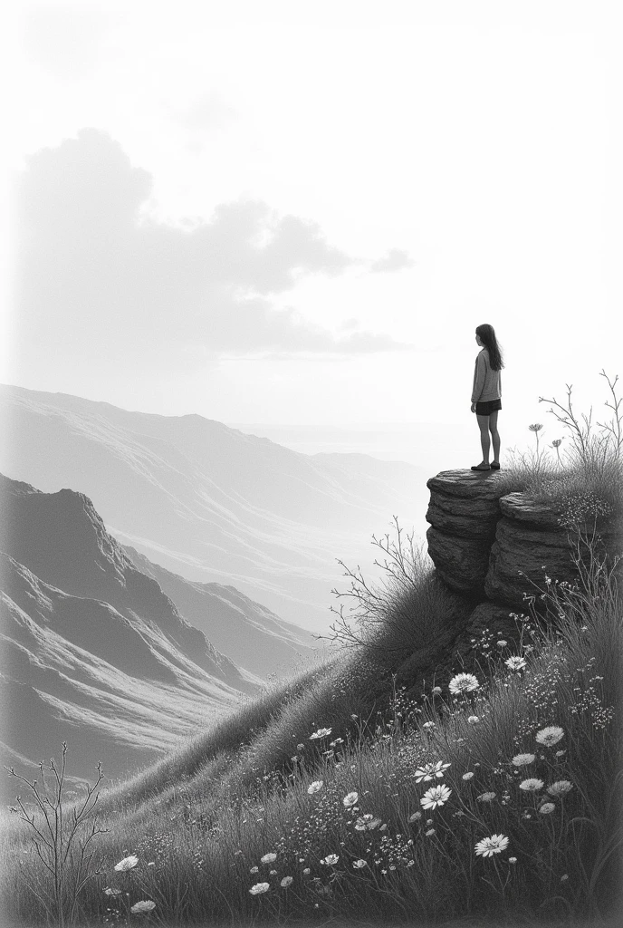 Make a landscape with a medium complex graphite drawing style, that has a person and perspective