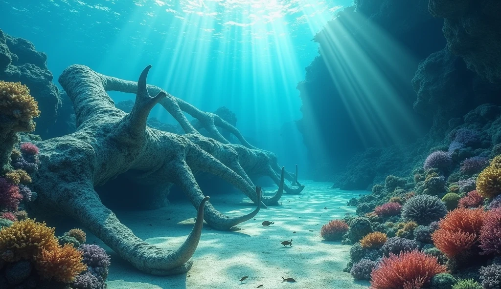 (photorealism:1.2), whale scattered big bones, ocean floor, deep, coral thriving