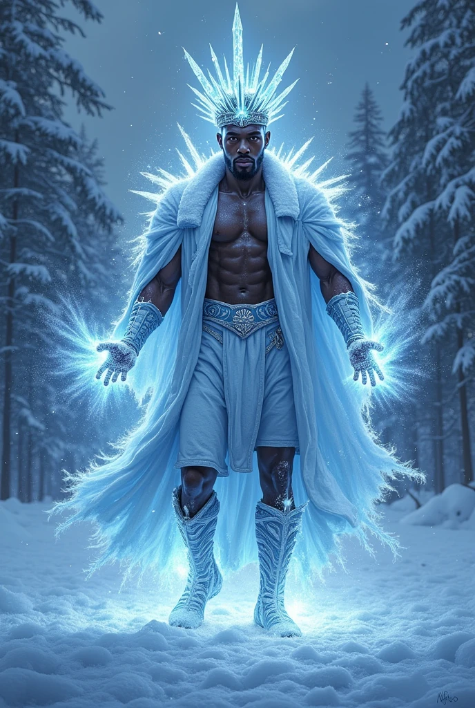 Black man ice powers. Freezing ground with steps. Ice tiara.
 