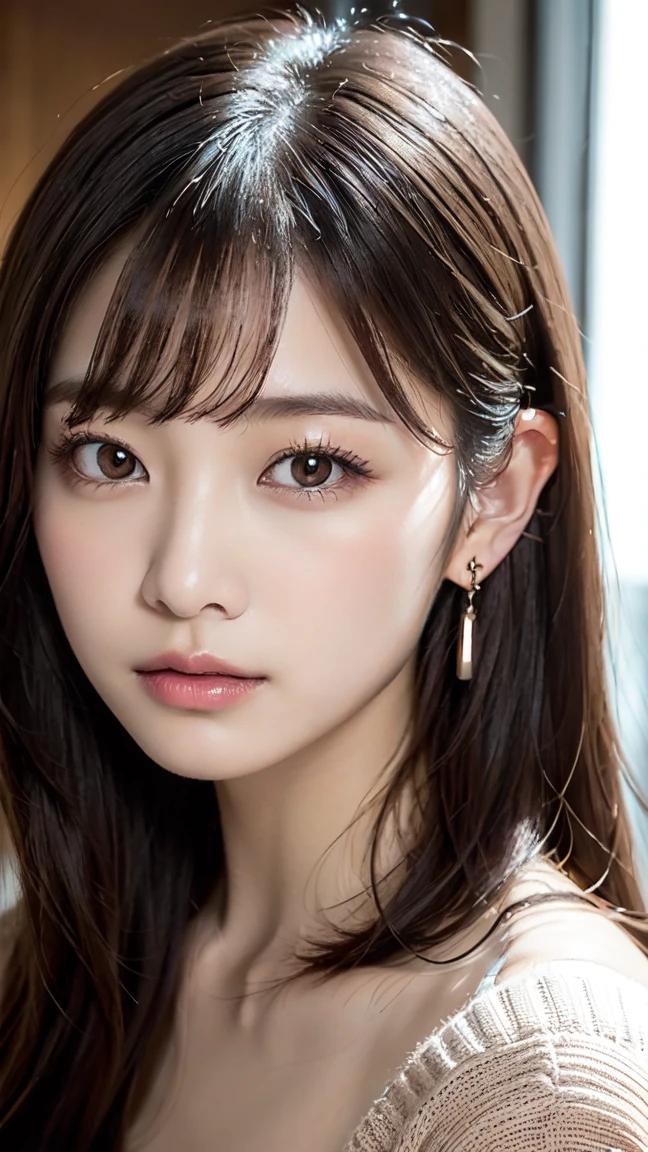 "Portrait of a young Asian woman with long dark hair and bangs, wearing a beige knit sweater. Close-up shot with soft lighting, highlighting her flawless skin and delicate features. The woman is leaning against a wooden surface, gazing directly at the camera with large, expressive eyes. Her makeup is natural and subtle, with a hint of blush and soft pink lips. The image has a warm, intimate feel with a shallow depth of field, focusing on the subject's face and upper body. The sweater has a low neckline and visible buttons. The woman is wearing small, dangling earrings. The overall aesthetic is soft, feminine, and slightly romantic."