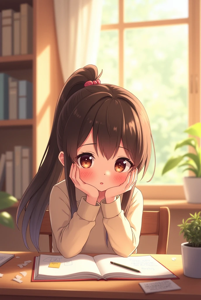 A Long dark brown Hair Girl, ponytail, tiny, very cute, large breasts, cute eyes, very pretty, pail White skin, sitting in Front of the desk, realizes she Fell in Love, blushing, Anime style 
