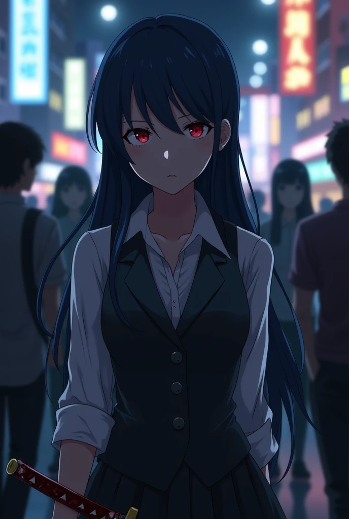 Anime style. A girl with long dark blue hair, a side bang above her red eyes, a serious expression in a school uniform, a white dress blouse with one button unbuttoned with a vest over it, her sleeves rolled up to her elbows. The girl was on the street walking through a crowd, going almost unnoticed on a dark night, holding a katana in her hand, the blade stained with blood.