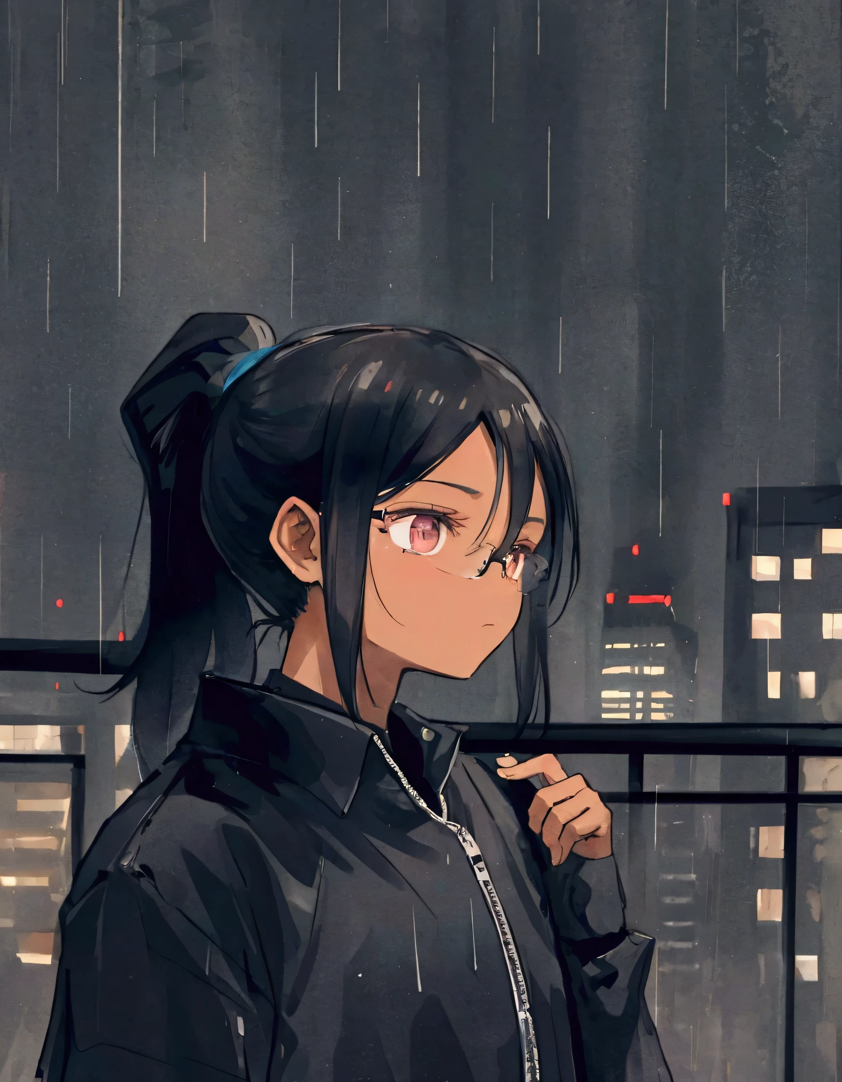 1 Dark-skinned boy, Height 1.90, with black hair, ponytail style, dark eyes, with glasses, In a rainy city surrounded by dark ghosts of incomprehension