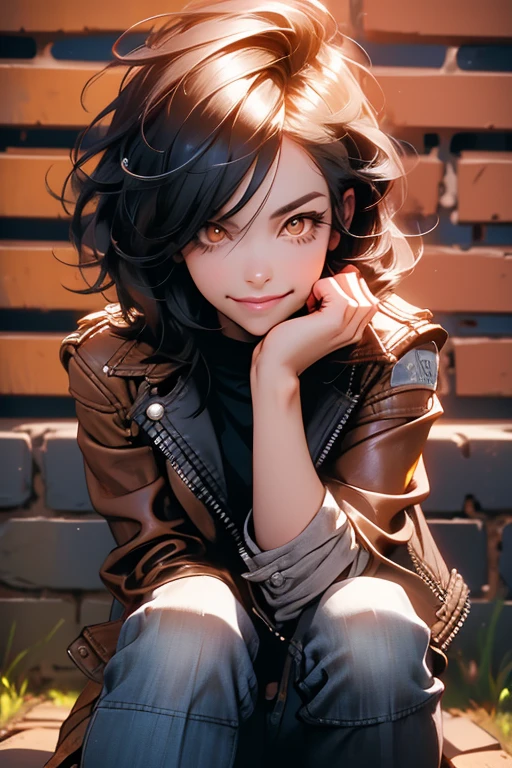 Perfect face. Perfect hands. A black haired woman with orange eyes in a leather jacket and jeans is sitting against a brick wall with a big smile
