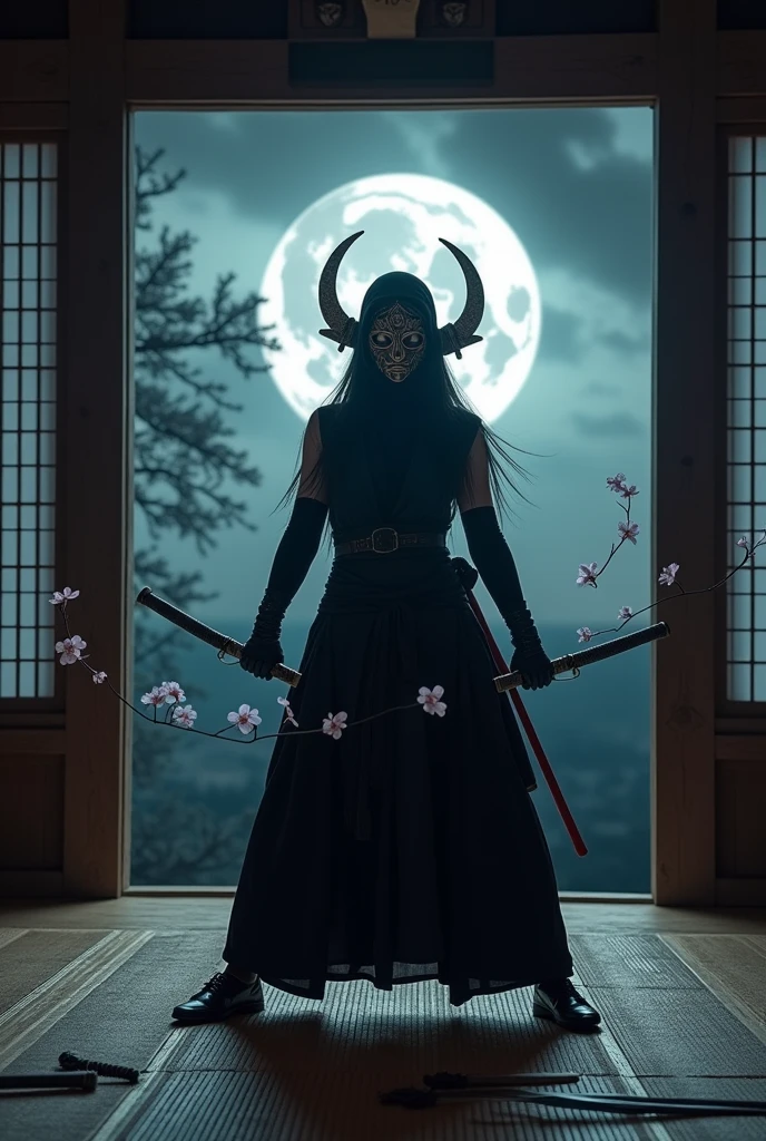 a japanese dojo, a sexy ninja warrior, face covered, fighting position, full moon night, gloomy background