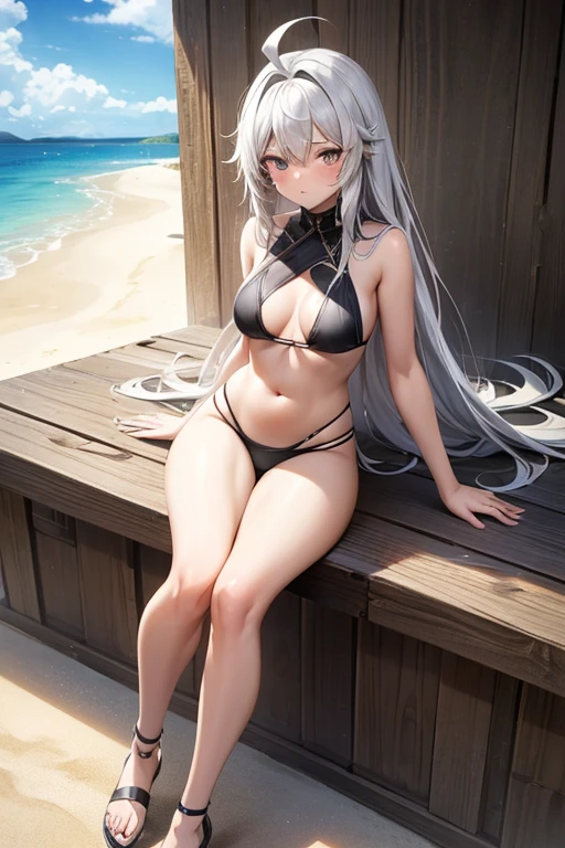 ((best quality)), ((masterpiece)), (detailed), a girl, full body, , young adult, embarrassed face, very tall, gray eyes, long hair white, spiky hair, ahoge, bangs covering her right eye, very small breasts, sexy black bikini, seductive legs, beach background, looking at me, anime