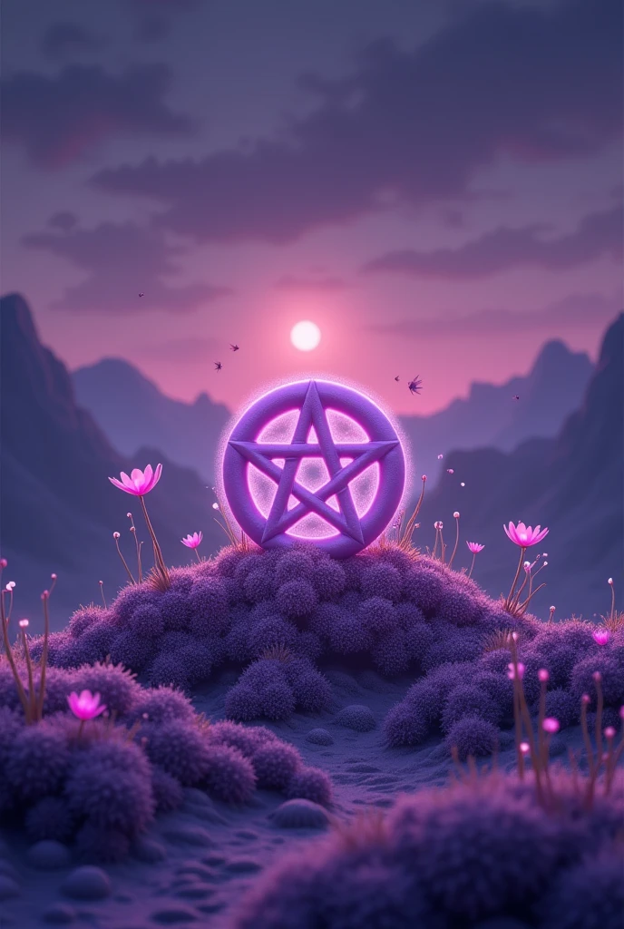 A dark lilac landscape with a cute satanic symbol in the middle