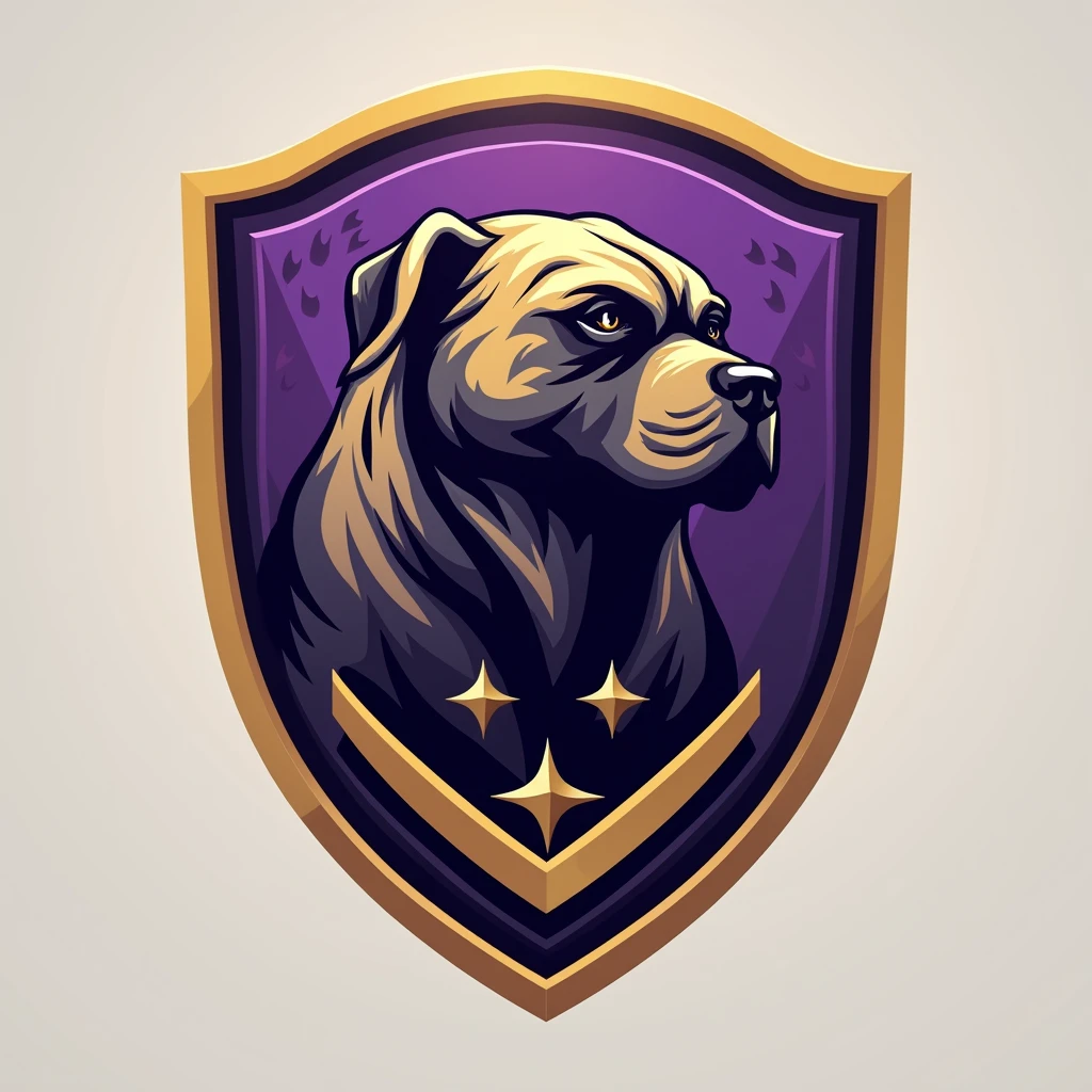 Create a shield for a football team called Barbalho GBC in Portuguese, purple and gold colors, Brazilian Mastiff, neutral background