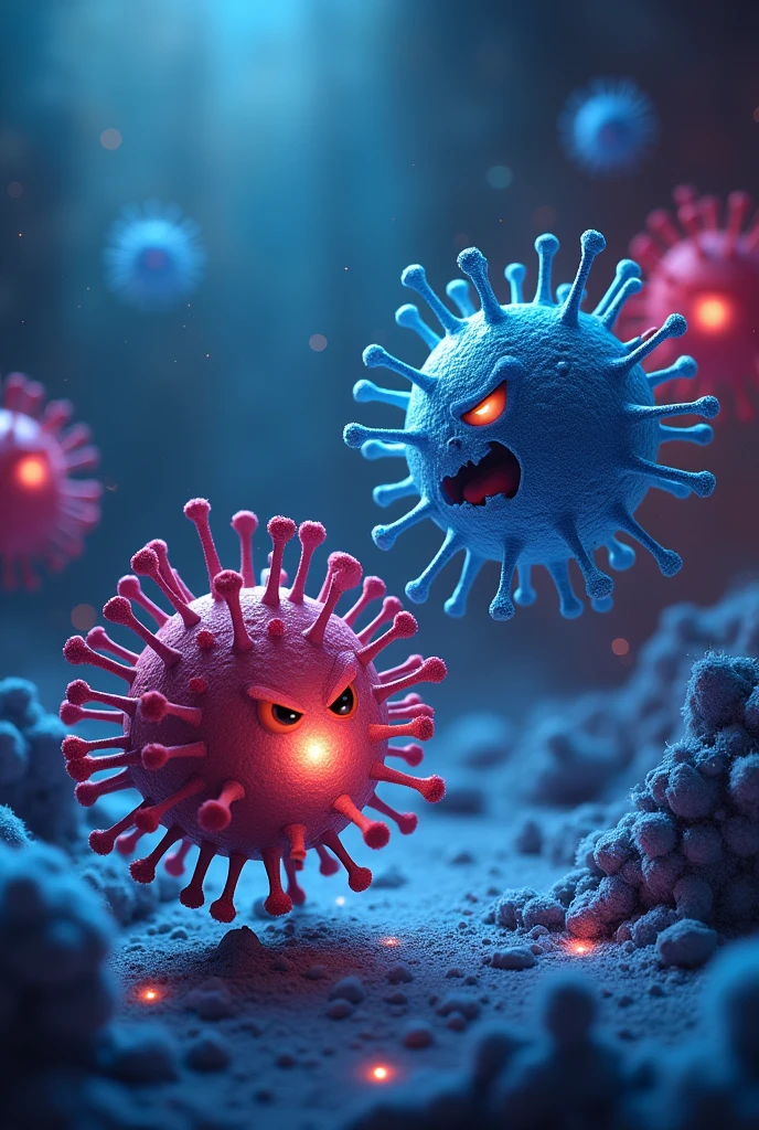 A menacing-looking virus is trying to infiltrate a body cell. La T cell está a punto de atacar al virus. T cell (color blue) and viruses (with an evil and mocking design style) (cheered up)
