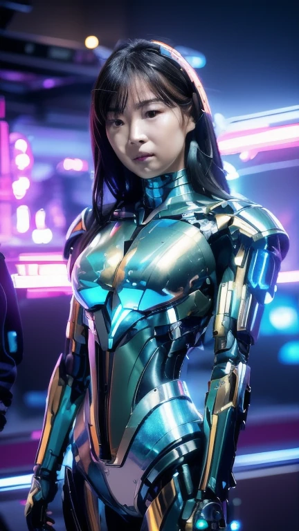 Highest quality, masterpiece, shape, (Realistic, photo-Realistic:1.37), wonderful, In detail, Unbelievably absurd, Very detailed, High resolution, Very detailed CG Unity 8k , Very detailed目と顔, Ray Tracing, The cyborg girl is pure.,She is wearing a mecha armor jacket.。.。..。.., Exposing most of her flawless skin. Added armor details to shoulders and head.、wonderfulハイライトがいくつかあります, Tech Panels and Mechanisms. She stands against a futuristic cityscape lit up with vibrant neon lights........、Standing full of energy。.