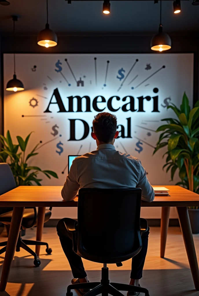 Chat could create an image for me to promote my digital marketing company called Amecari Design. It could have a man working on the computer, the name appearing on the screen, and a picture with money symbols on the wall. It could keep the exact same image but with the company name Amecari Digital. It could make it more sophisticated and professional. Perfect. Chat could just add the company name Amecari Digital.