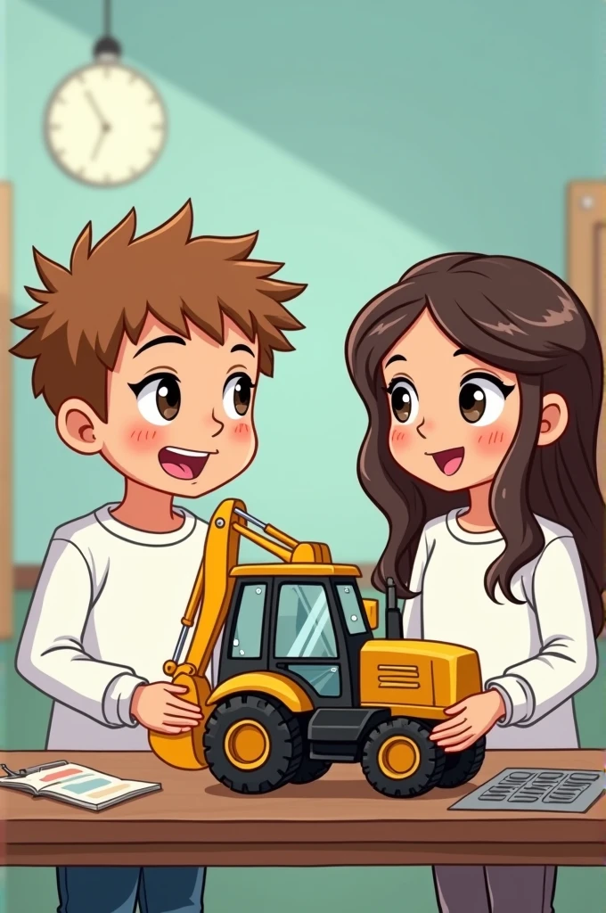 9 year old boy with short light brown hair wearing a white sweatshirt and next to him a 9 year old girl wearing a white sweatshirt, dark brown loose straight hair, These two kids are in a school setting “at the science fair presenting the workings of a hydraulic backhoe as their cartoon project