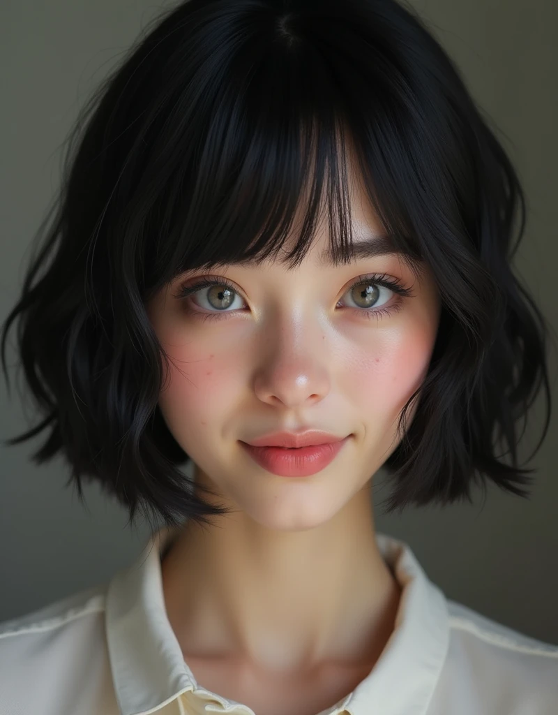 (RAW photo, best quality, masterpiece: 1.2), (photorealistic: 1.4), (Polish girl, 20 years old, black hair, Light grey eyes, short bob cut, hair in 7 thirds, hair over one ear, Symmetrical eyes, fair skin, solo, Detailed Skin, rip gloss, blush:1.1), smile