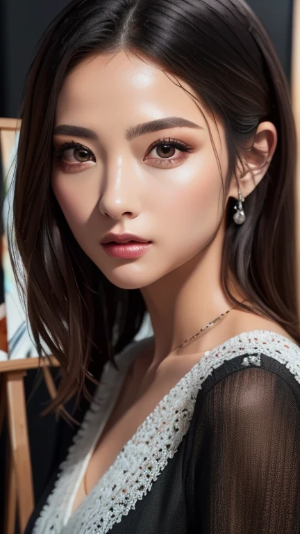 (Highest quality、8k、32K、masterpiece)、(Realistic)、(Realistic:1.2)、(High resolution)、Very detailed、Very beautiful face and eyes、1 person、Round and small face、Tight waist、Delicate body、(close、Highest quality、Attention to detail、Rich skin detail)、(Highest quality、8k、Oil paints:1.2)、Very detailed、(Realistic、Realistic:1.37)、Bright colors