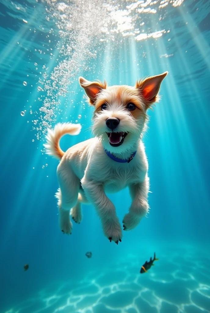 Wire fox terrier underneath the water blue background