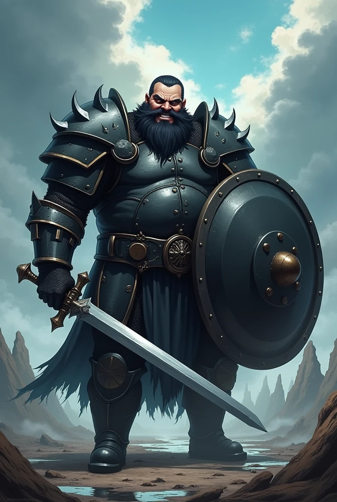 An anime character:
A fat man with a beard and a sadistic smile.
Wearing heavy black armor and with a long sword in his right hand and a large round black steel shield in his left. In the background you can see a battlefield in a very shallow river..