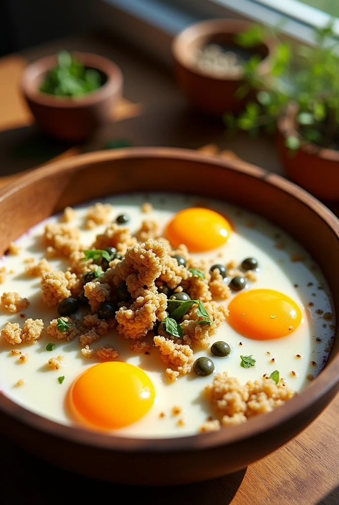 milk, eggs, queso, Soya, Kiwicha and quinoa in a bowl 
