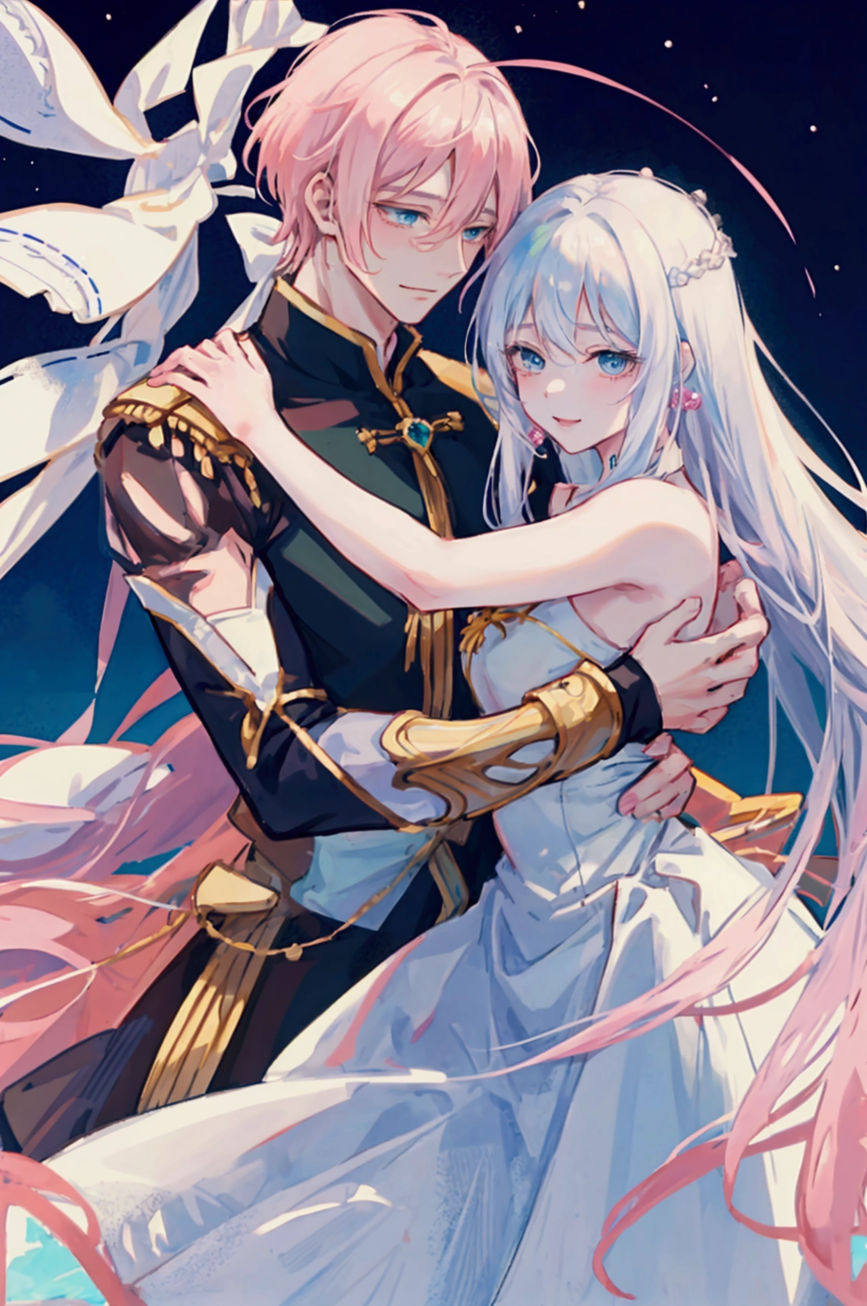 Drawing of a man hugging a woman princess style, conceptual art of love, fan art, inspired by Gege Akutami, the woman has short pink hair and green eyes, with a beautiful smile, the man has white hair and blue eyes, clear skin,smile, high, muscular. anime, Whole body