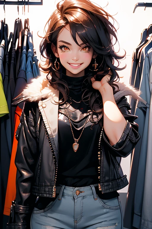 Perfect face. Perfect hands. A black haired woman with orange eyes in a leather jacket and jeans is shopping in a store with a big smile

