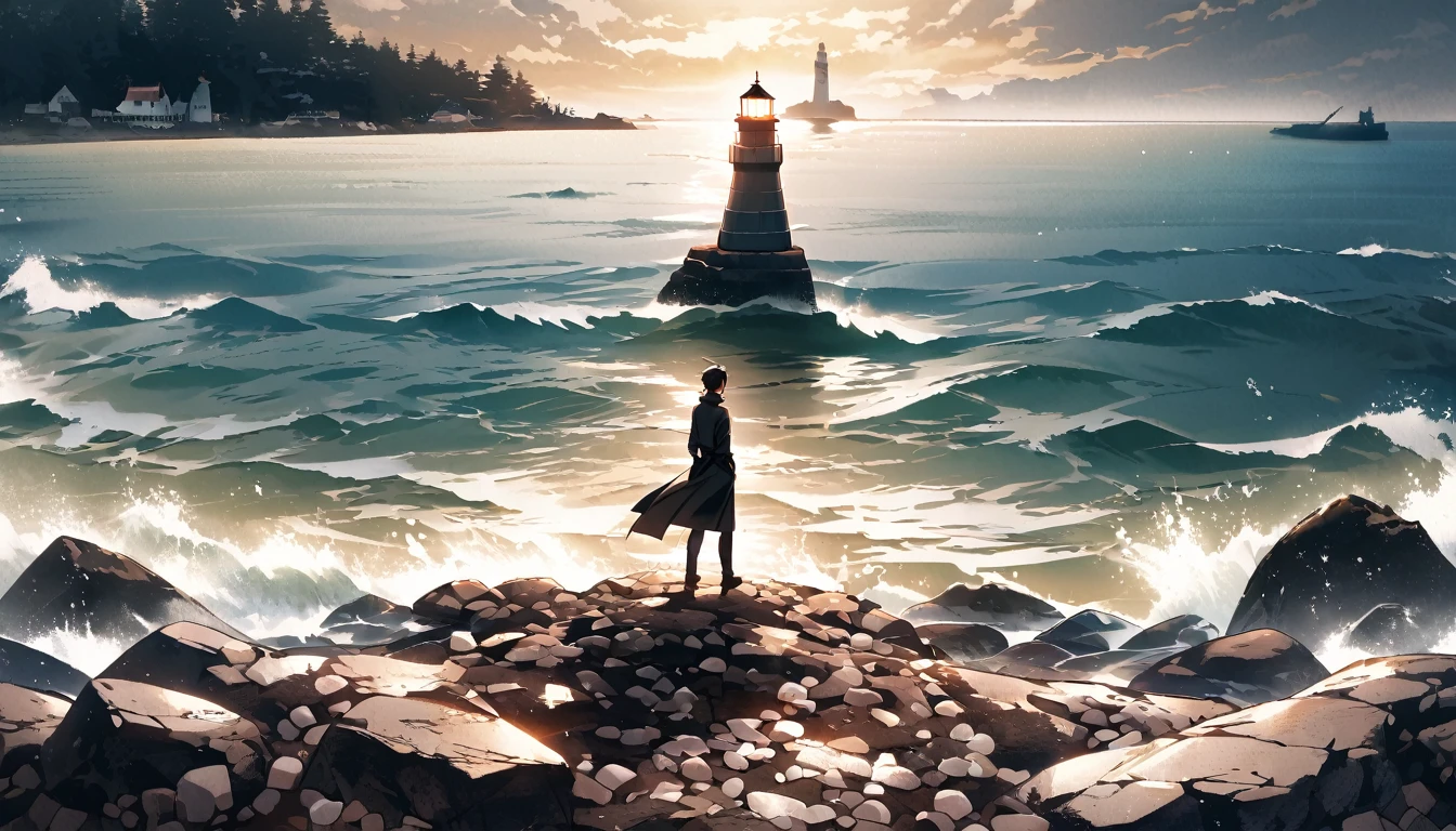 The person moves forward with determination, looking towards the horizon, with a strong and serene posture. Visual elements such as a rocky road and a distant lighthouse 