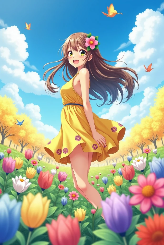 Woman standing smiling among flowers Anime girl