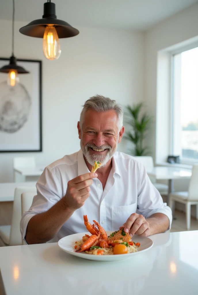 A middle-aged man is enjoying a meal of shrimp and other seafood in a room with a white color scheme. The man has a warm and content expression as he eats. The seafood is presented on a table with various plates and dishes. The room is bright, modern, and minimalistic, with white walls and furniture that adds to the overall clean and crisp atmosphere. The image is vertically oriented, with a size of 1080x1920 pixels.