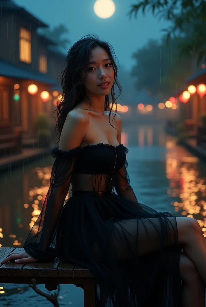 sh33rfl0r4l, long sleeves, black dress, off shoulder, bare shoulders, long dress, see-through, tulle dress, a very beautiful woman, slim woman, correct limbs, right hand, in the darkness, night, night view, moonlight, antique buildings, sitting position, Sit on a wooden bench, bamboo huts, plant, Soaked all over, wet hair, pretty face, masterpiece, original photo, best quality, detail, lifelike, Very detailed, official art, (extremely beautiful face, beautiful lips, beautiful big eyes), detail face, plump breasts, cleavage, Slender sexy legs, leaking legs, very beautiful legs, sexy pose, grace, bright smile, Show off your exquisite figure and graceful curves, Ray tracing