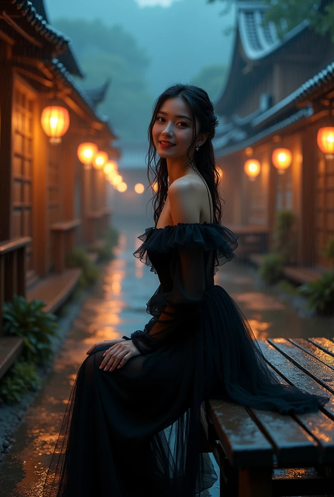 sh33rfl0r4l, long sleeves, black dress, off shoulder, bare shoulders, long dress, see-through, tulle dress, a very beautiful woman, slim woman, correct limbs, right hand, in the darkness, night, night view, moonlight, antique buildings, sitting position, Sit on a wooden bench, bamboo huts, plant, Soaked all over, wet hair, pretty face, masterpiece, original photo, best quality, detail, lifelike, Very detailed, official art, (extremely beautiful face, beautiful lips, beautiful big eyes), detail face, plump breasts, cleavage, Slender sexy legs, leaking legs, very beautiful legs, sexy pose, grace, bright smile, Show off your exquisite figure and graceful curves, Ray tracing