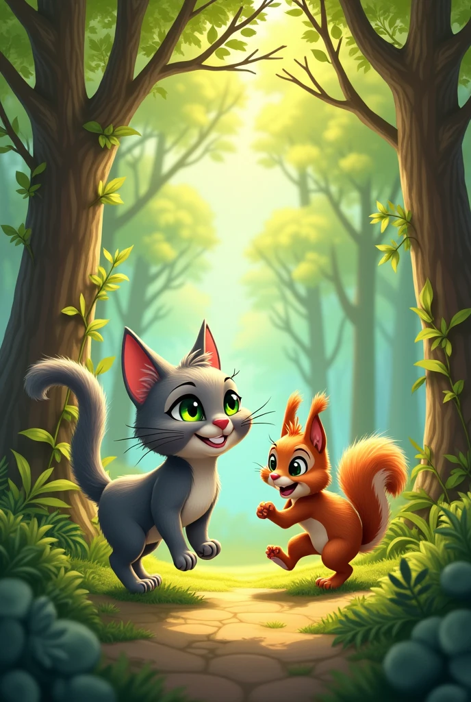 The gray cat Next, Whiskers encountered a playful squirrel named Nutty, who challenged her to a game of tag among the trees. They raced around, laughing and tumbling, while Nutty showed her the best spots to find acorns and berries.
