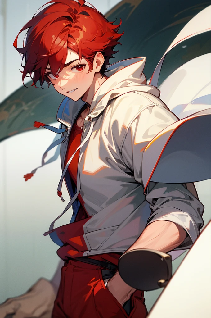 masterpiece, best quality, masterpiece, best quality, masterpiece, best quality, masterpiece, best quality, high quality,high detail, ultra detail, Uhd, 4k,4280x2240, depth field, (hdr:1.9), correct anatomy, 1boy, masculine with short hair, red hair, abundant red eyes with complete spring outfit, smile, solo, white hoodie