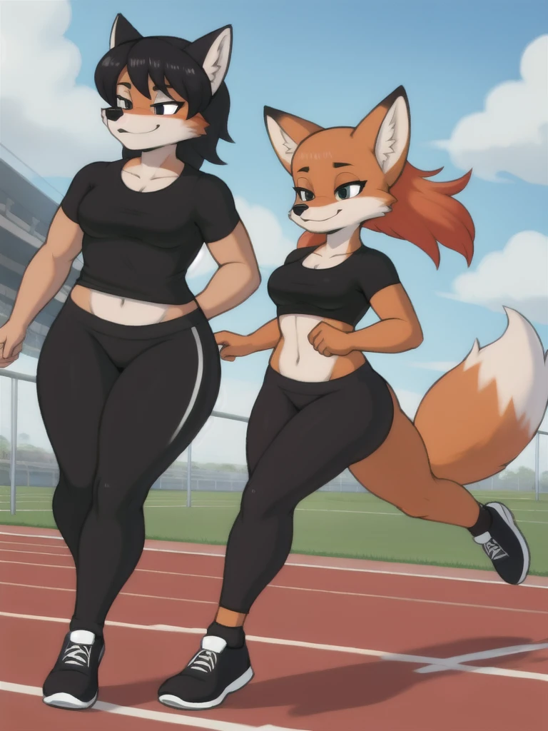 Furry, fox, female, black shirt, black leggings, shoes, running track, friends, full body