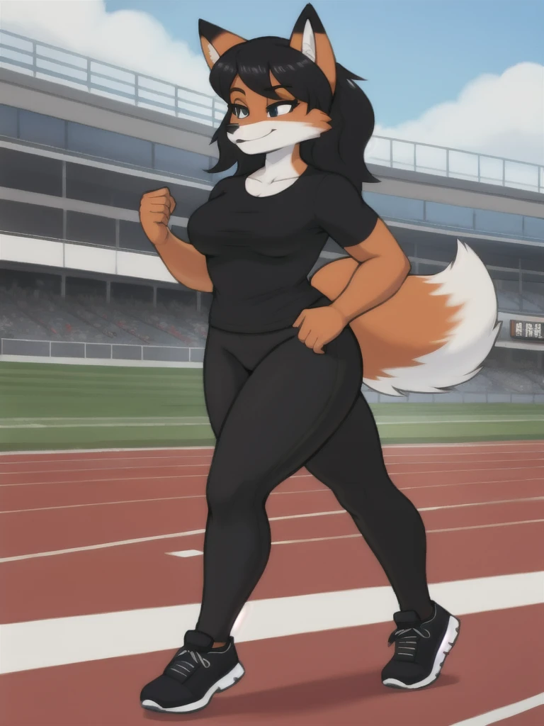 Furry, fox, female, black shirt, black leggings, shoes, running track, friends, full body