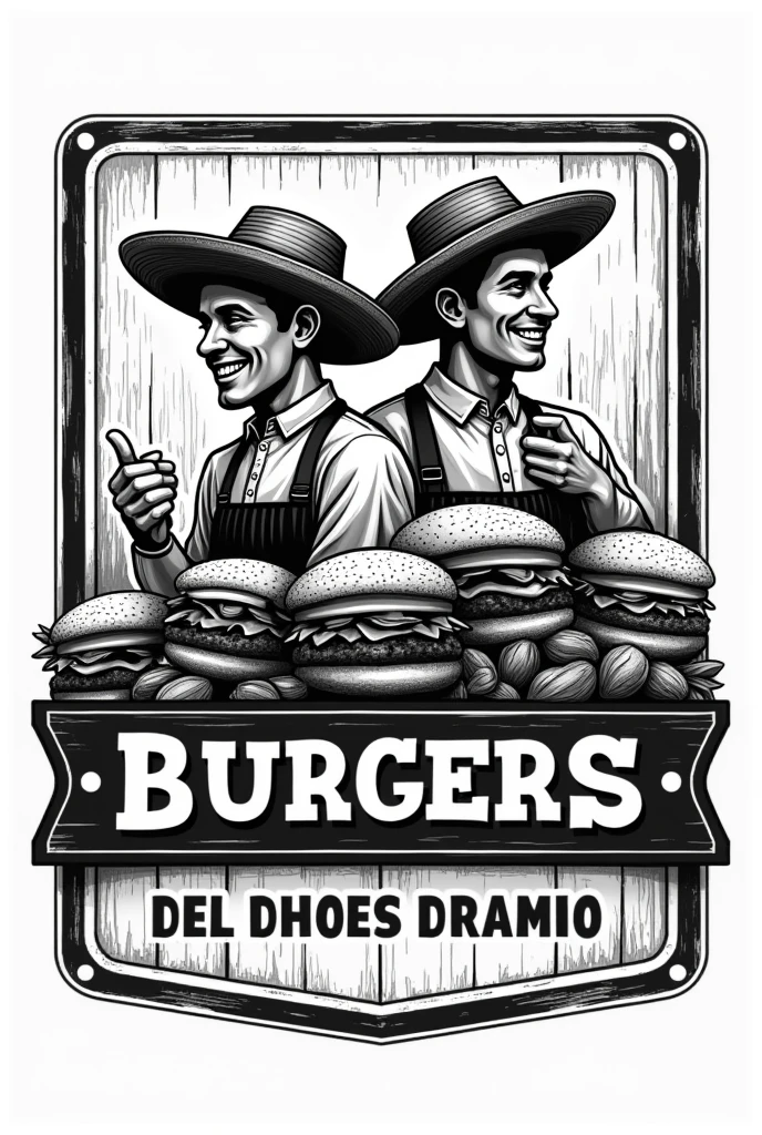 create rustic black and white burger shop logo with name in Portuguese brazil straw hats