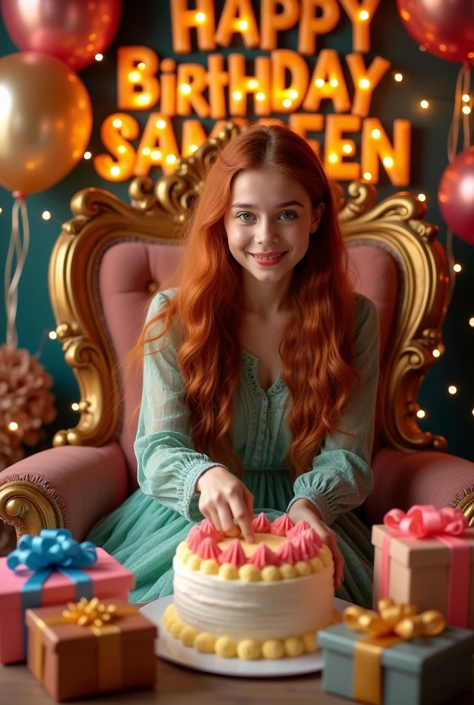 1......Prompt's For Girl's
create realistic illusion image of A 26 year old girl is sitting on a king chair and she is cutting the birthday cake, there are many gifts kept next to it and Happy Birthday Samreen, 3d text is written on the back wall"