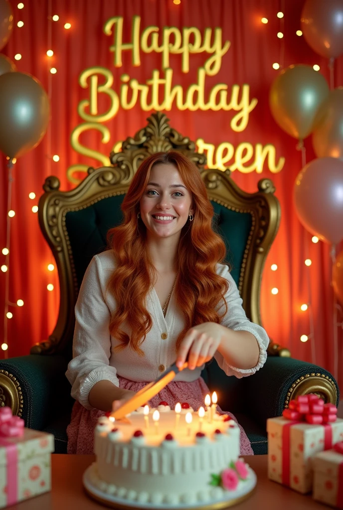 1......Prompt's For Girl's
create realistic illusion image of A 26 year old girl is sitting on a king chair and she is cutting the birthday cake, there are many gifts kept next to it and Happy Birthday Samreen, 3d text is written on the back wall"