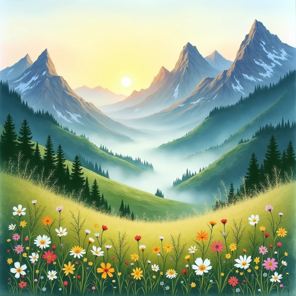 Draw nature in the mountains , early morning, Sunrise , Watercolor style.