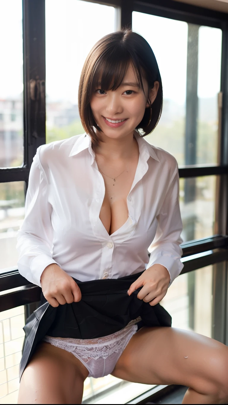 (squat:1.5),(Wearing a business shirt),In town,(The skin is wet from sweat),OL,looking at the camera,Cleavage,smile,Skirt Lift、Lift your skirt with your hands,woman, 20-year-old, Short Hair、bangs、(Business Skirt),(White lace panties)、Cute earrings,Natural lighting