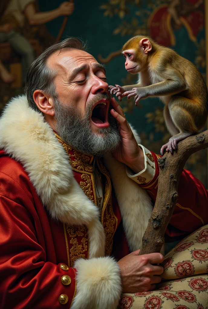 The King’s Shock and Pain: The king waking up in shock and pain, holding his nose where the monkey accidentally injured him. The monkey, realizing its mistake, looks shocked and regretful, standing back with wide eyes.