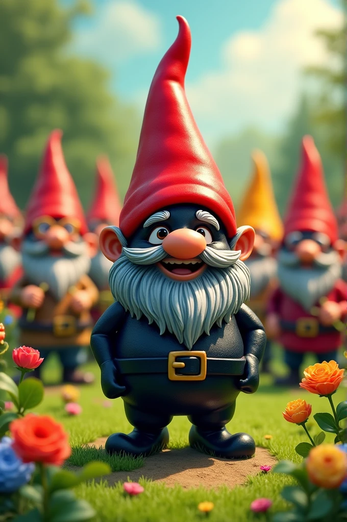 A short black garden gnome surrounded by other gnomes who are taller