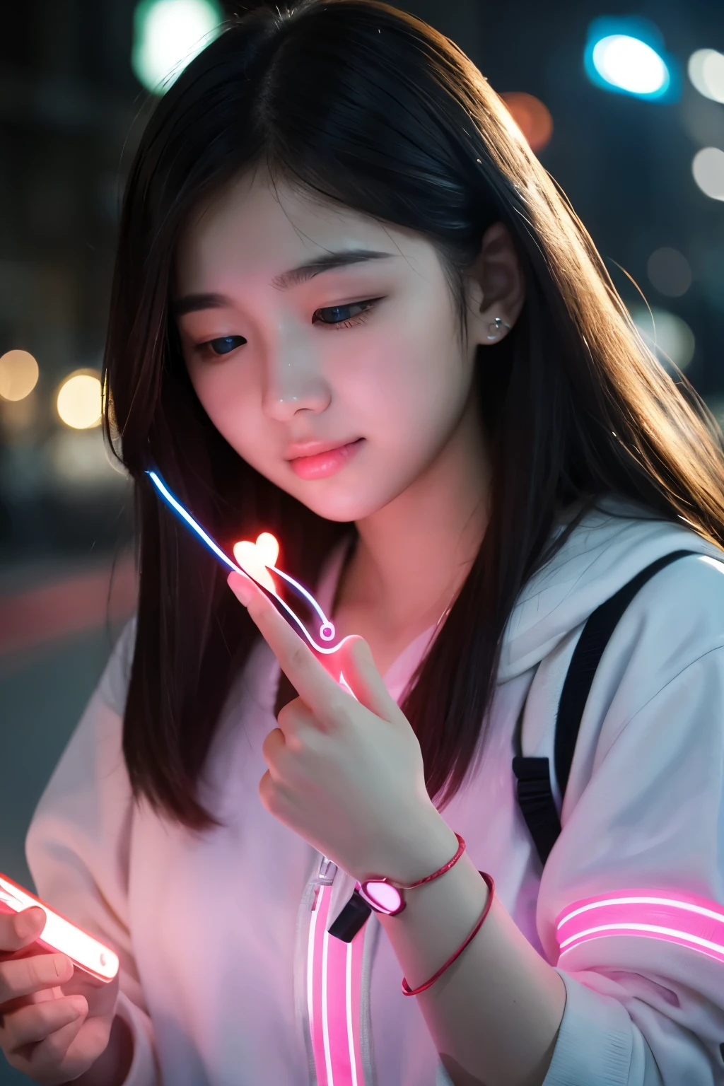 A heart-shaped digital connection between a smartphone held by a Gen Z girl and a representation of ChatGPT, with glowing lines symbolizing their bond.