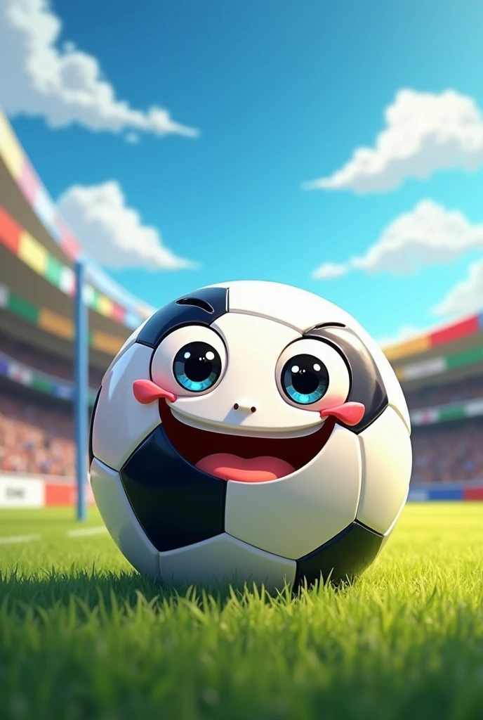 Smiling humanoid soccer ball sitting on the ground.