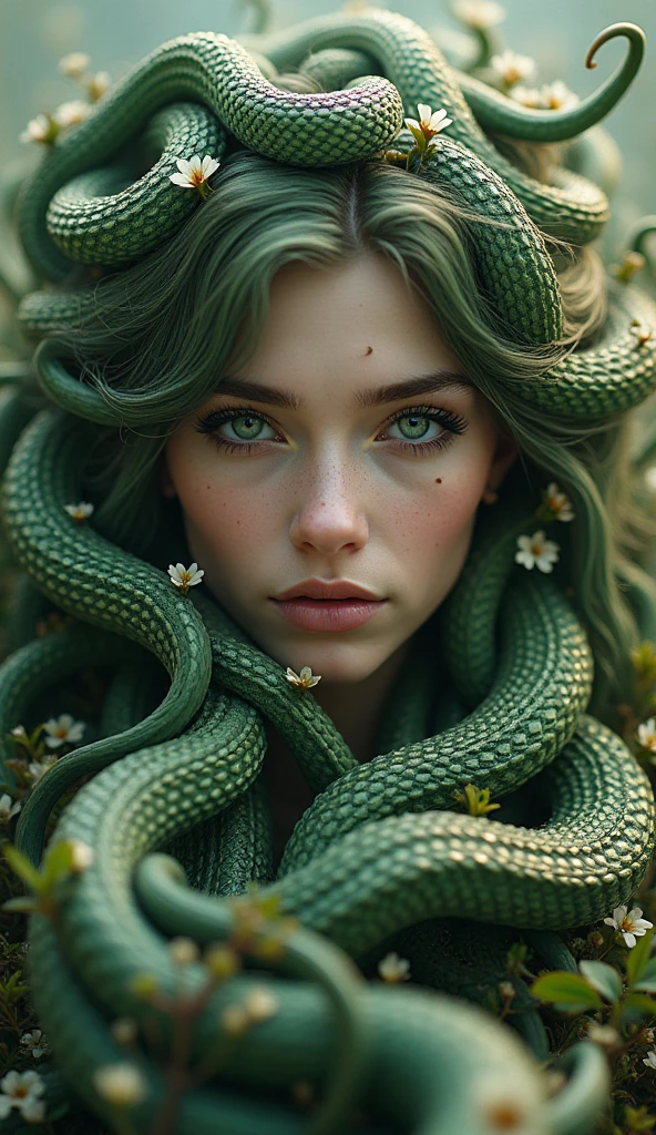 front view Visually captivating artwork, with skillful use of color, composition, and light. Innovative artwork, showcasing unique and imaginative concepts. (medusa and hemlock), (hyperrealism), (high-detailed), Emotionally resonant artwork, effectively conveying a narrative. Momentum-aligned artwork, reflecting a sense of movement and progress. Skillfully crafted artwork, demonstrating meticulous detail and technique