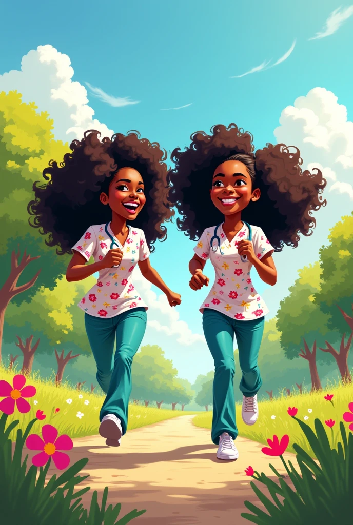 Moving Caricature of Black Woman, long curly hair down to the butt, Round face. Another black woman with long curly hair. They are running in a park and are dressed as nurses.
