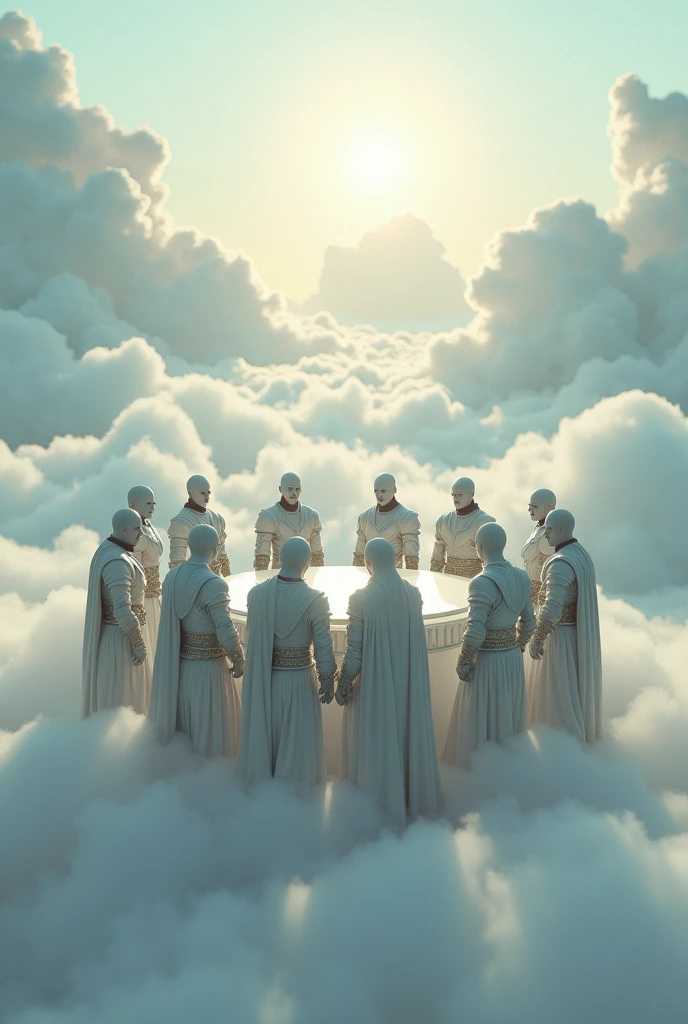 The ground is covered with a sea of clouds, making it a heavenly place.。
There is a cylindrical desk in the middle.、
Seven warriors dressed in white stand around a table。
Two of them are married、Shoulder to shoulder。

