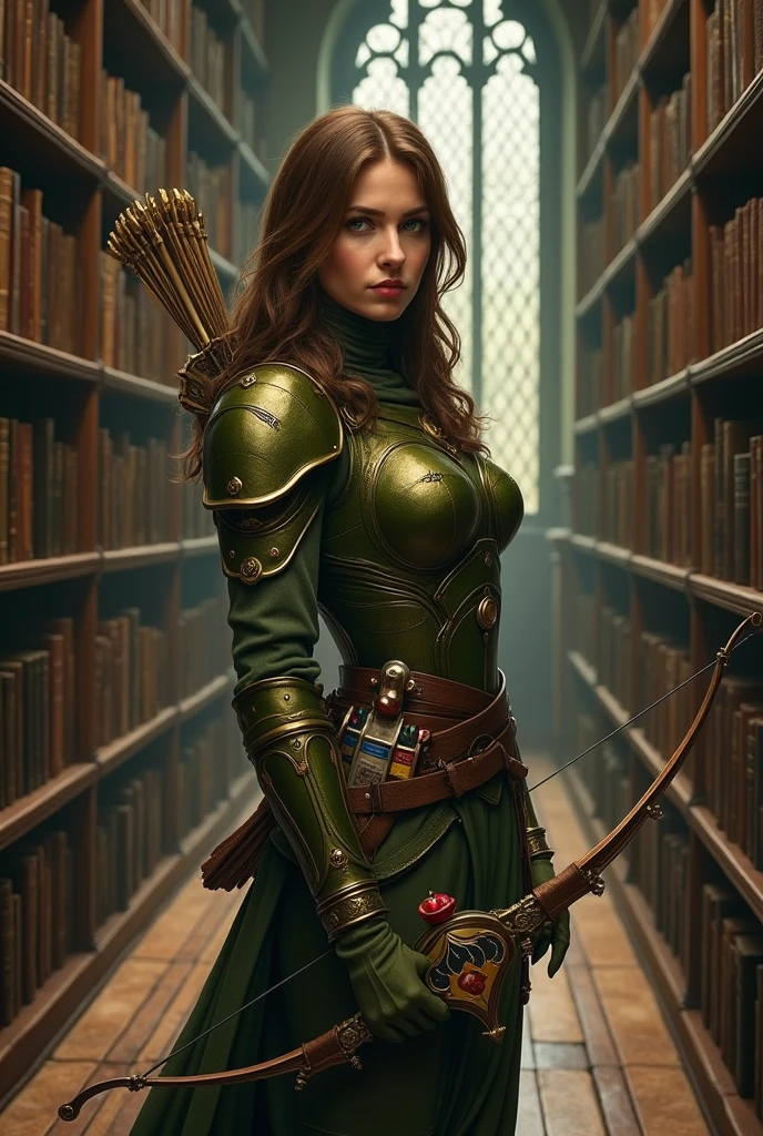 An archer with brown hair and green eyes, she has a belt with potions, a dagger and a small light crossbow She wears light armor in olive green and gold colors.
She is standing inside the library 