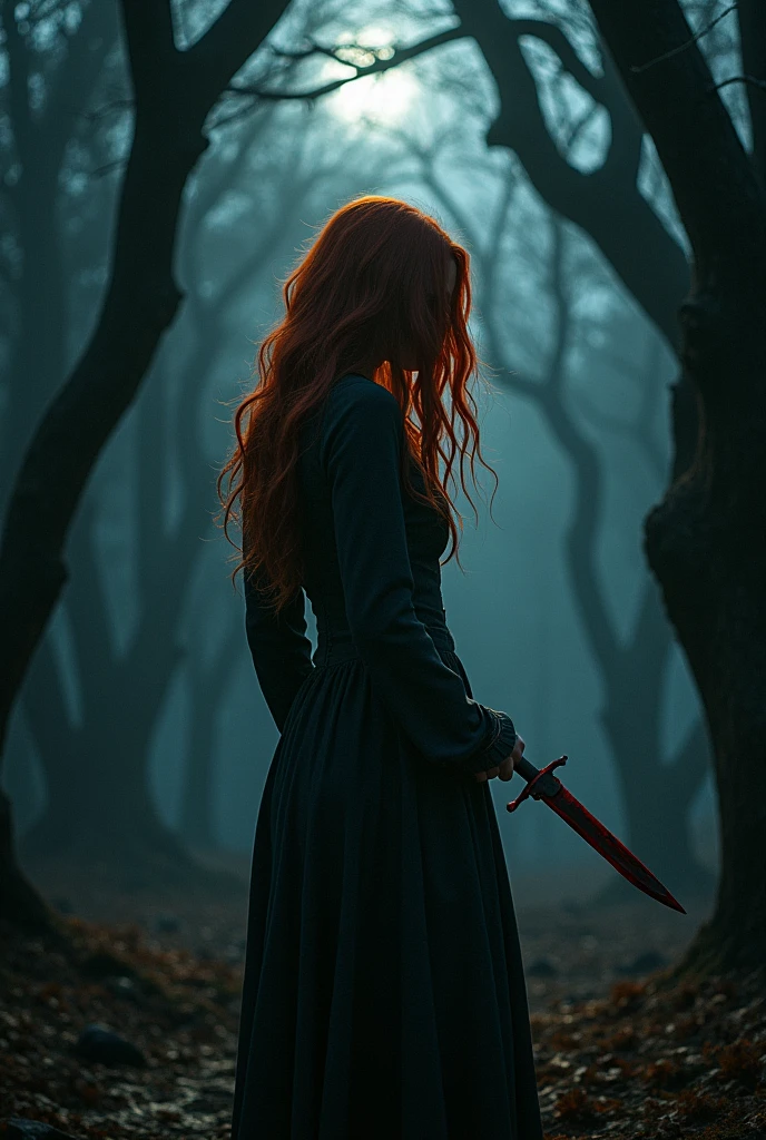 the shadow of a 20 year old girl, redhead, wearing modern clothes in neutral colors, with a dagger in his hand, There is red paint melting on the dagger, She is in the middle of the dark forest