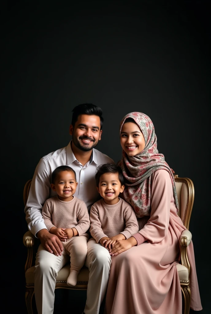 Muslim family studio photo with 3 children, 34 year old father with neat hair, mother age 33 wears hijab , 8-year-old daughter using hijab , 5 year old boy, 2 year old girl wearing hijab , black photo background , all faces facing the camera, sit on the chair